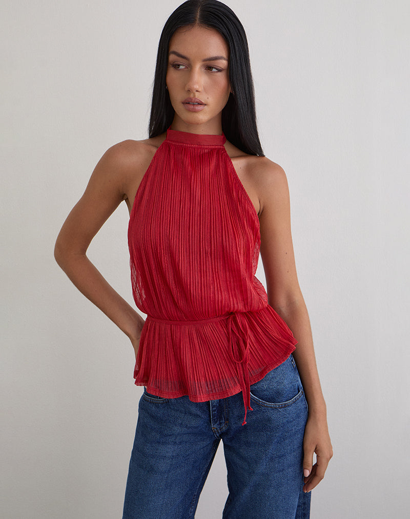 Celeste - Red Shimmer Plissé Top