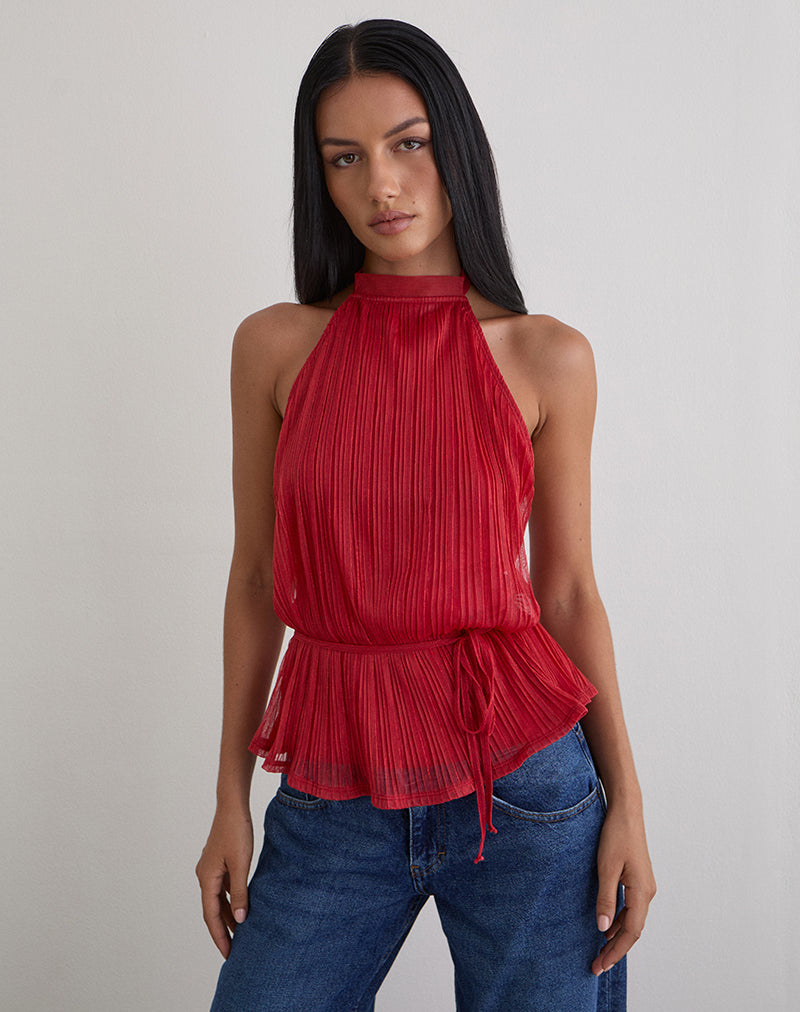Celeste - Red Shimmer Plissé Top