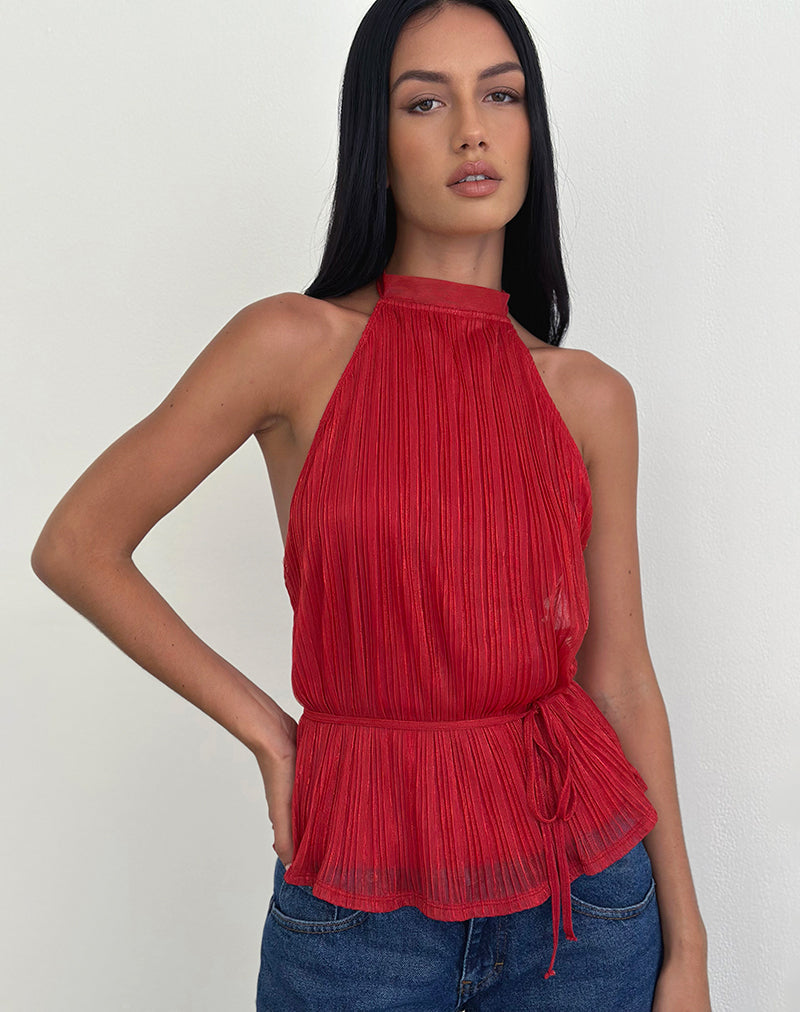 Celeste - Red Shimmer Plissé Top