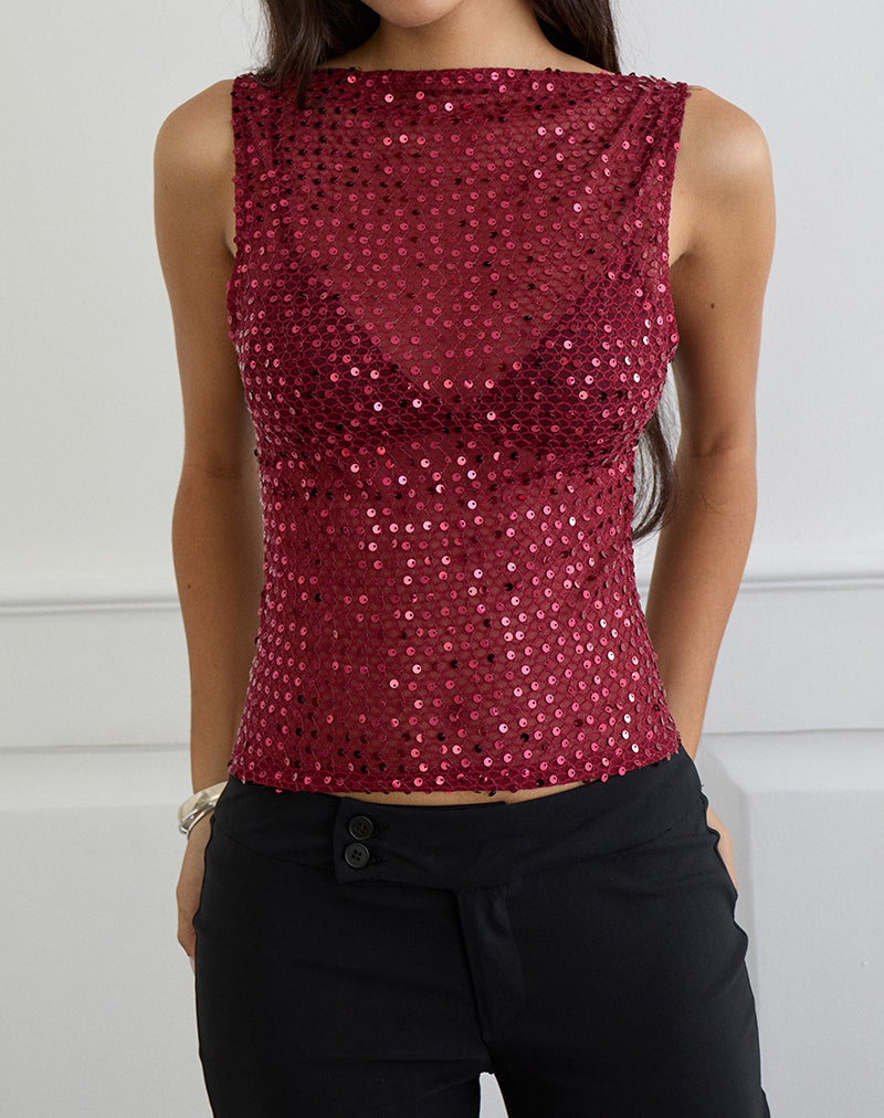 Serena - Burgundy Sequin Knit Tank Top