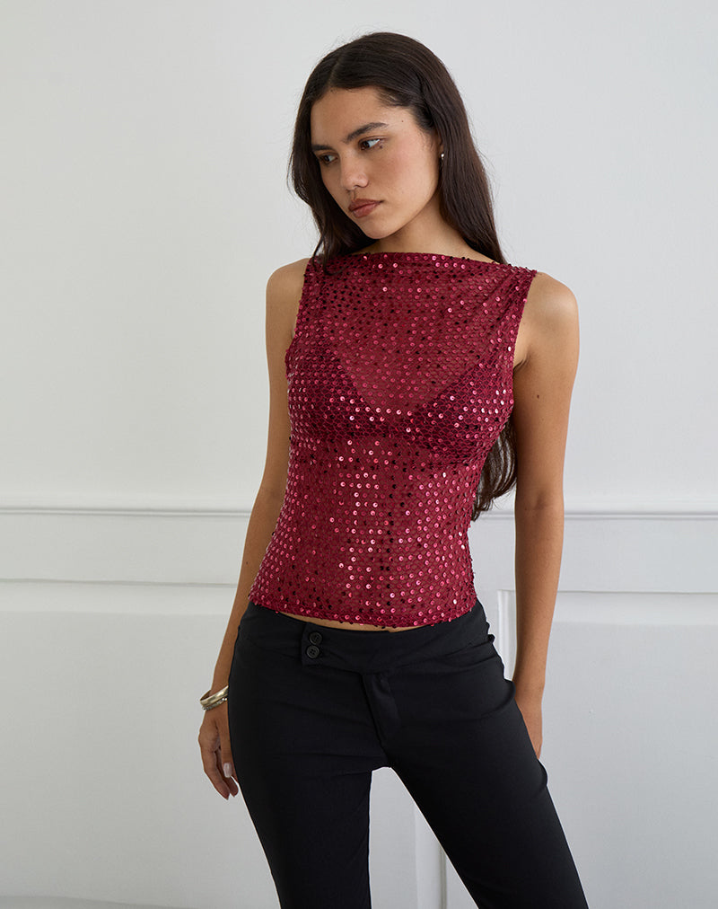Serena - Burgundy Sequin Knit Tank Top