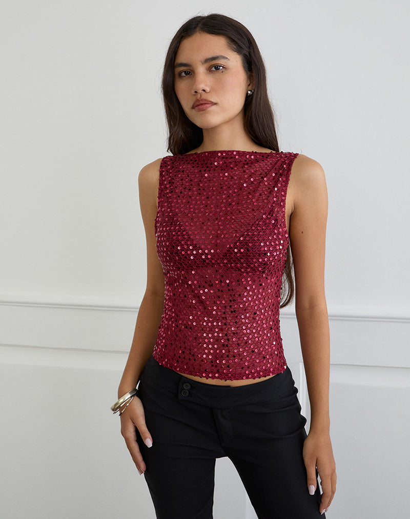 Serena - Burgundy Sequin Knit Tank Top