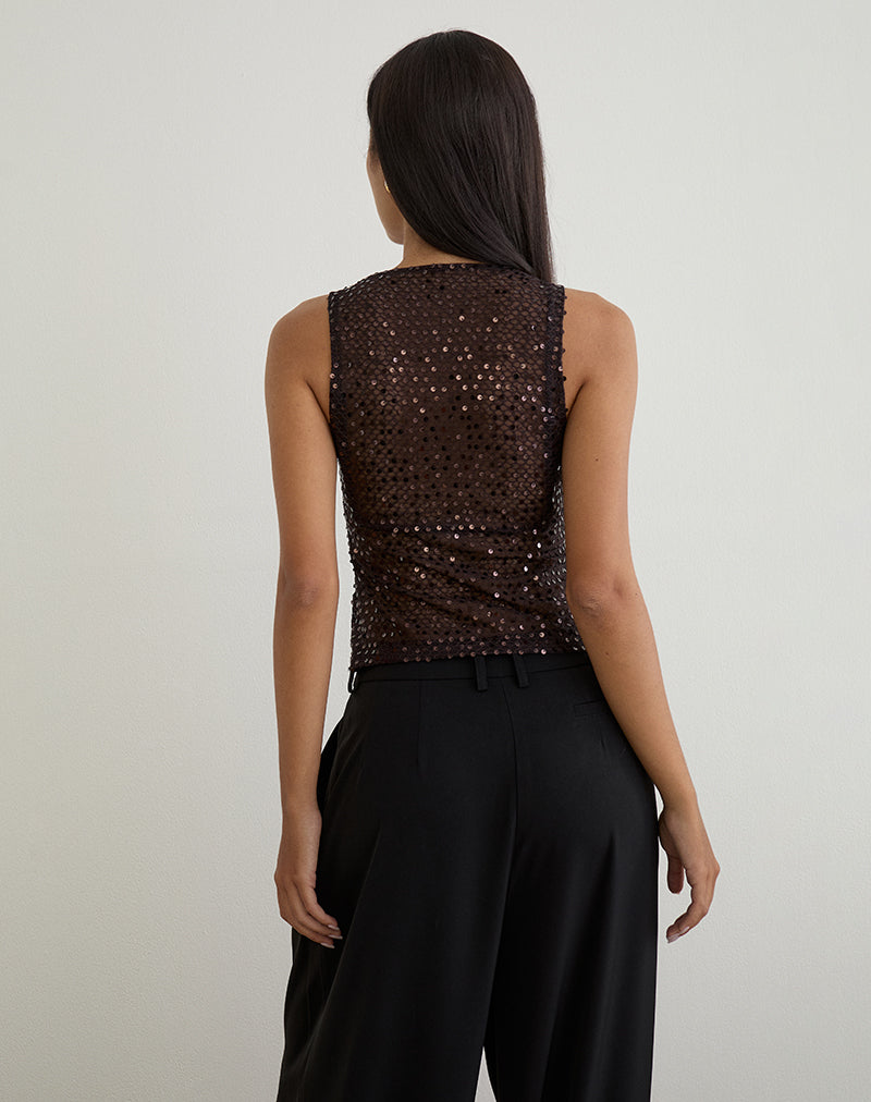 Serena - Coffee Sequin Knit Tank Top