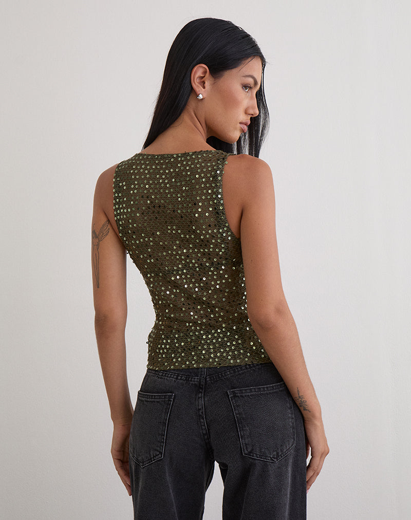 Serena - Olive Sequin Knit Tank Top