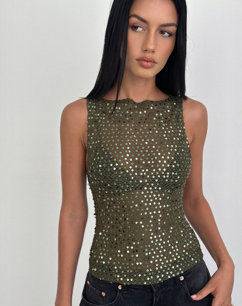 Serena - Olive Sequin Knit Tank Top
