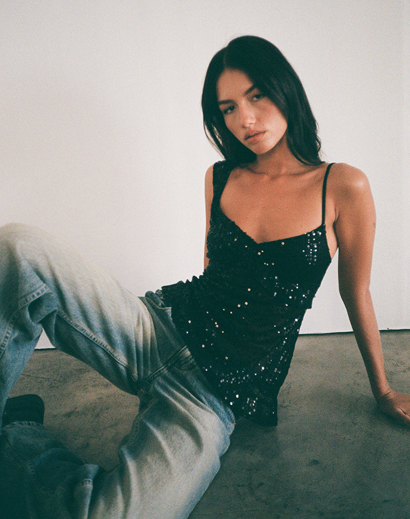 Selene - Black Sheer Sequin Asymmetric Top