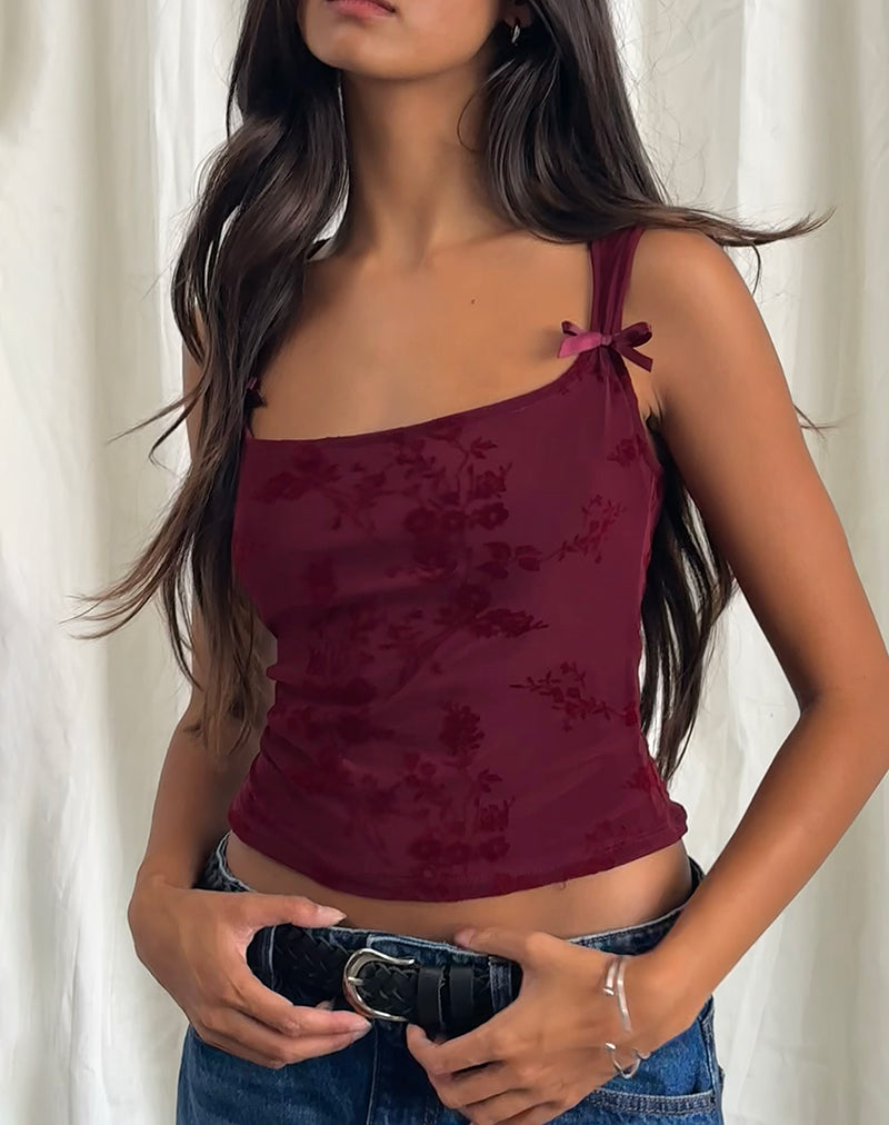 Talia - Maroon Flocked Floral Tank Top
