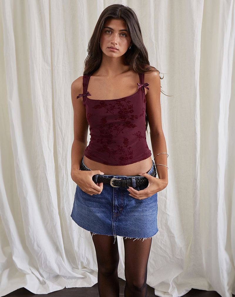 Talia - Maroon Flocked Floral Tank Top