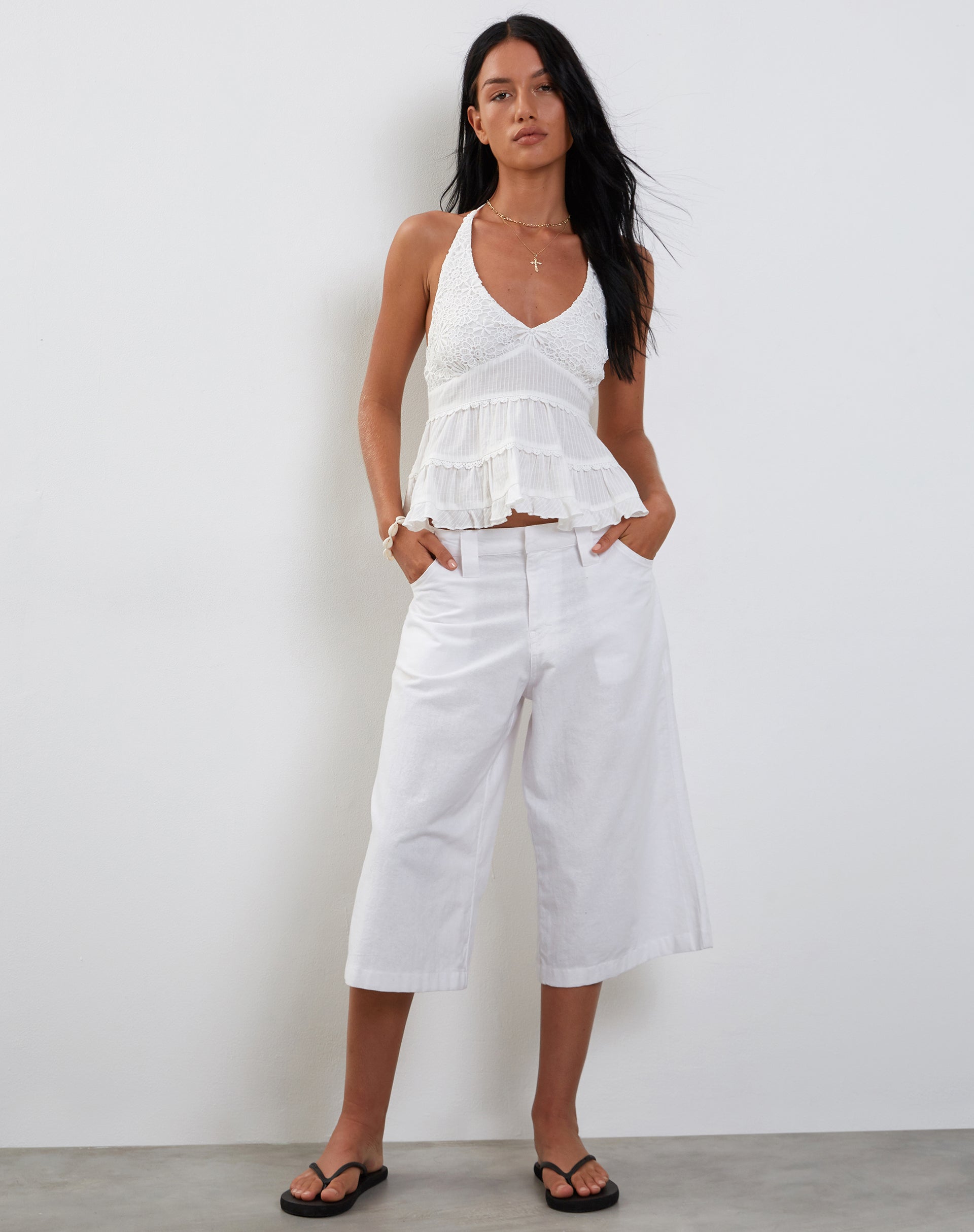 Marisol - White Crochet Ruffle Halter Top