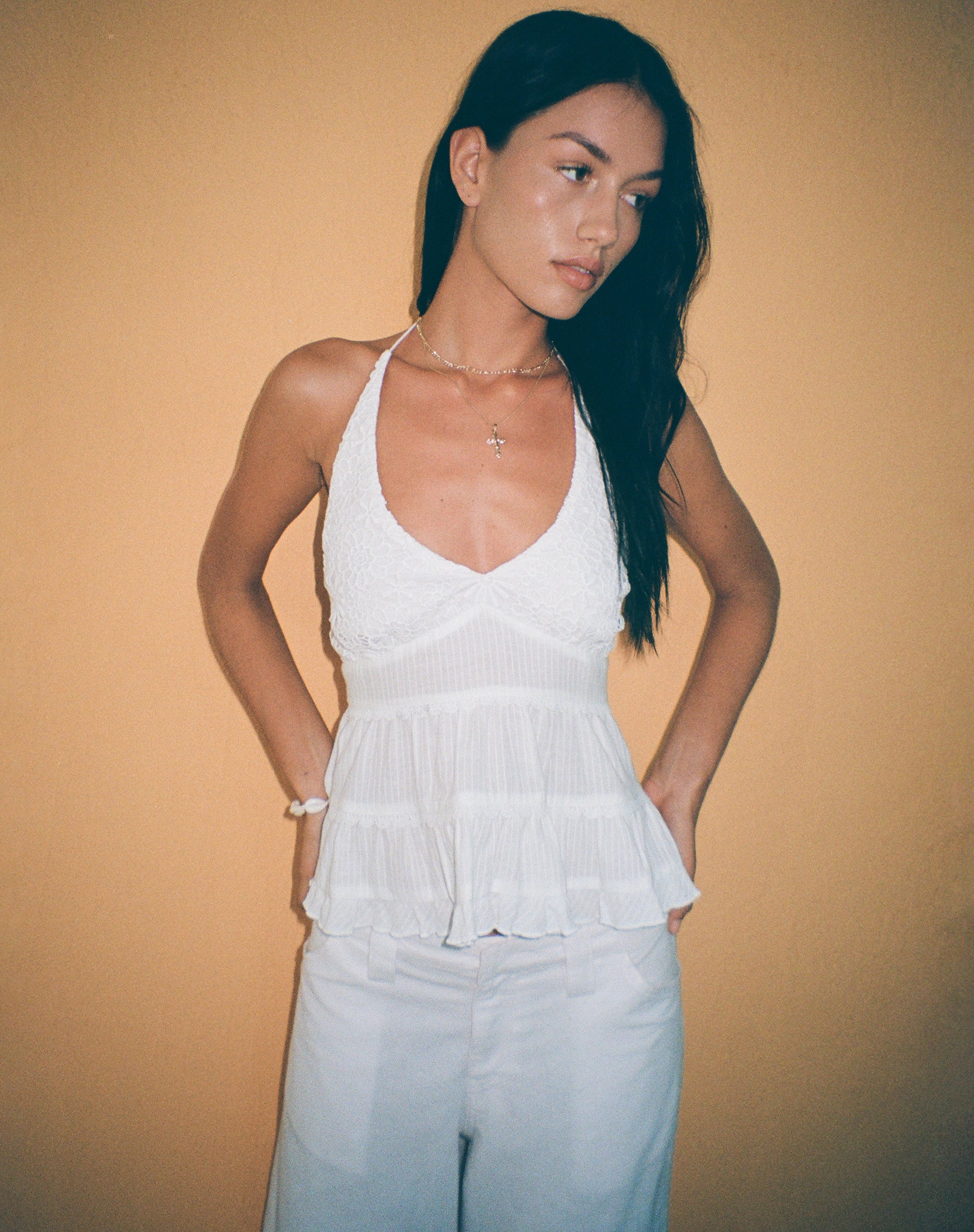 Marisol - White Crochet Ruffle Halter Top