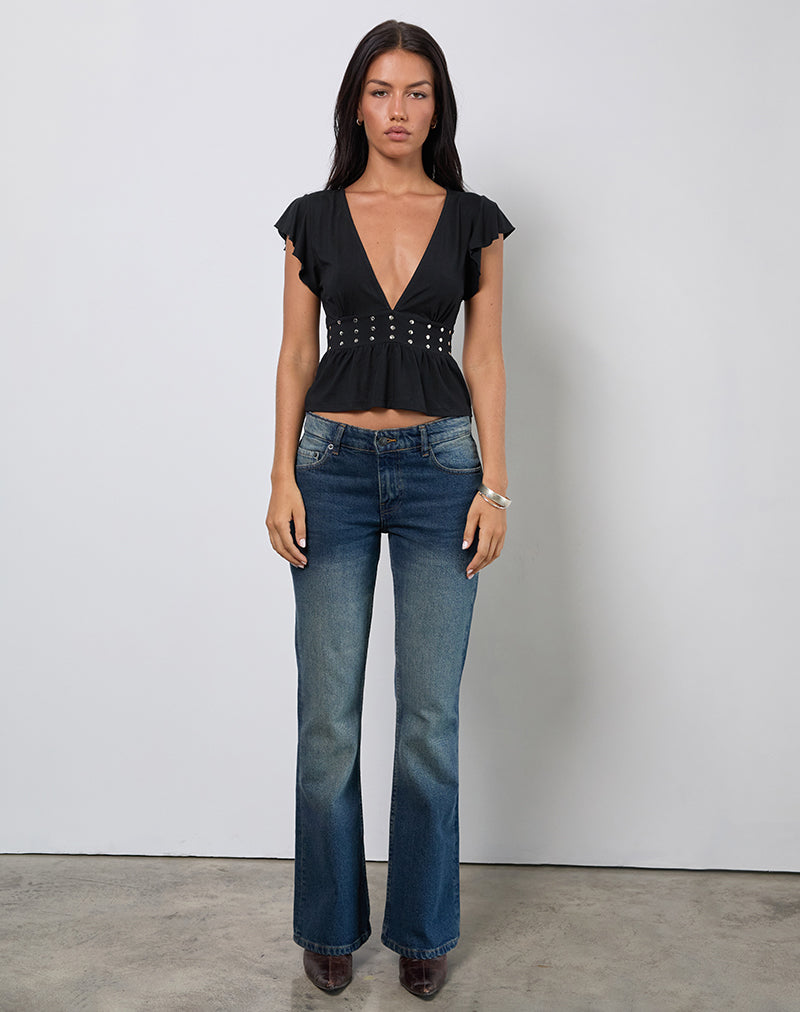 Margot - Black Studded Jersey Ruffle Top