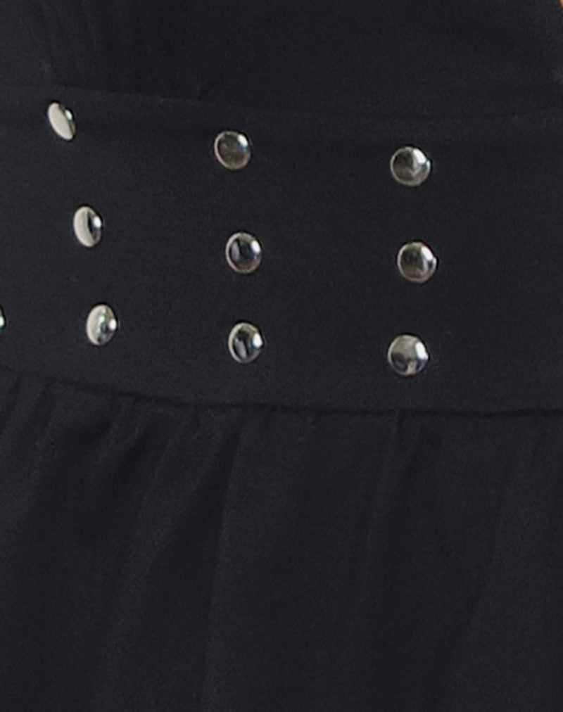 Margot - Black Studded Jersey Ruffle Top