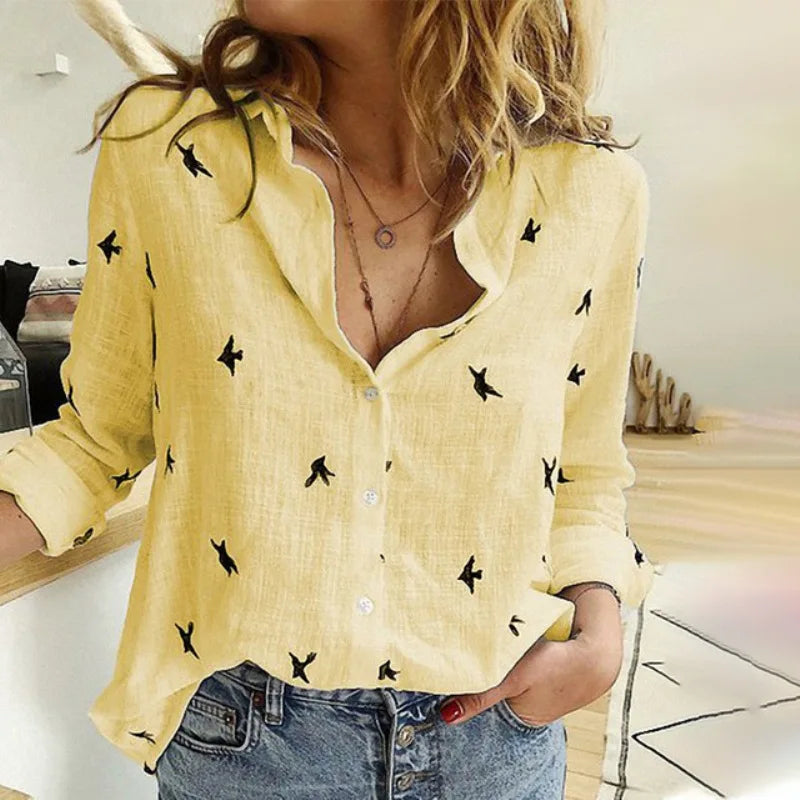 Scarlett - Relaxed Bird-Print Button-Up Blouse