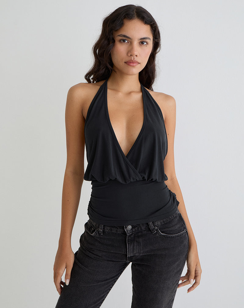 Camille - Black Satin Halter Top