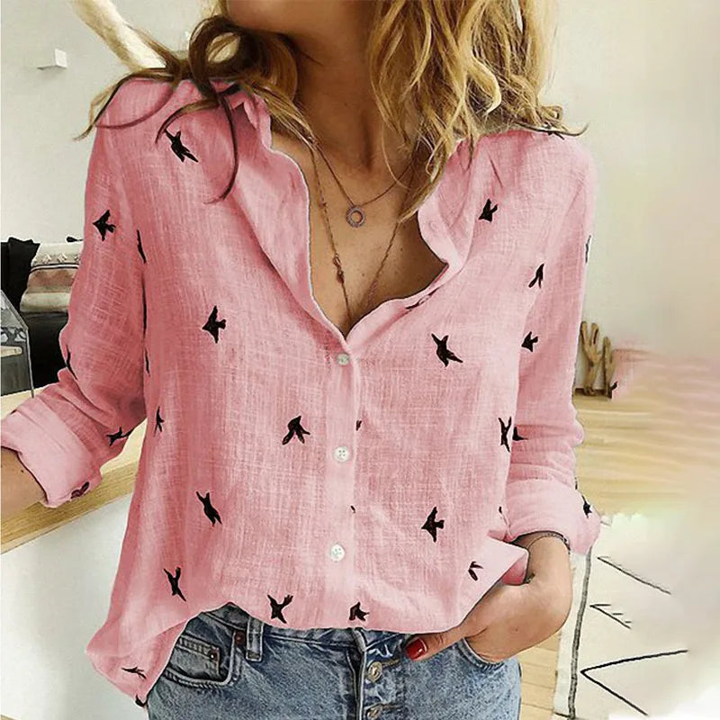 Scarlett - Relaxed Bird-Print Button-Up Blouse