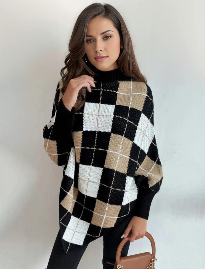 Charlie - Checkered Turtleneck Poncho