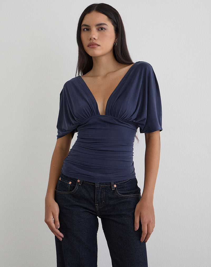 Vienna - Navy Satin Batwing Top