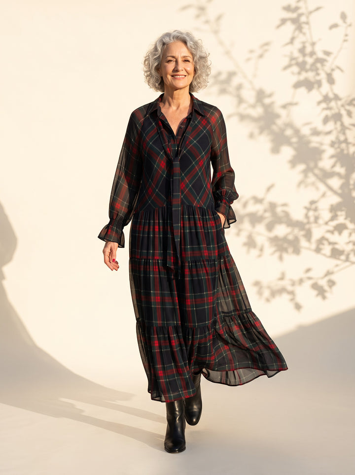 Elspeth Maxi Dress in Black & Red Tartan