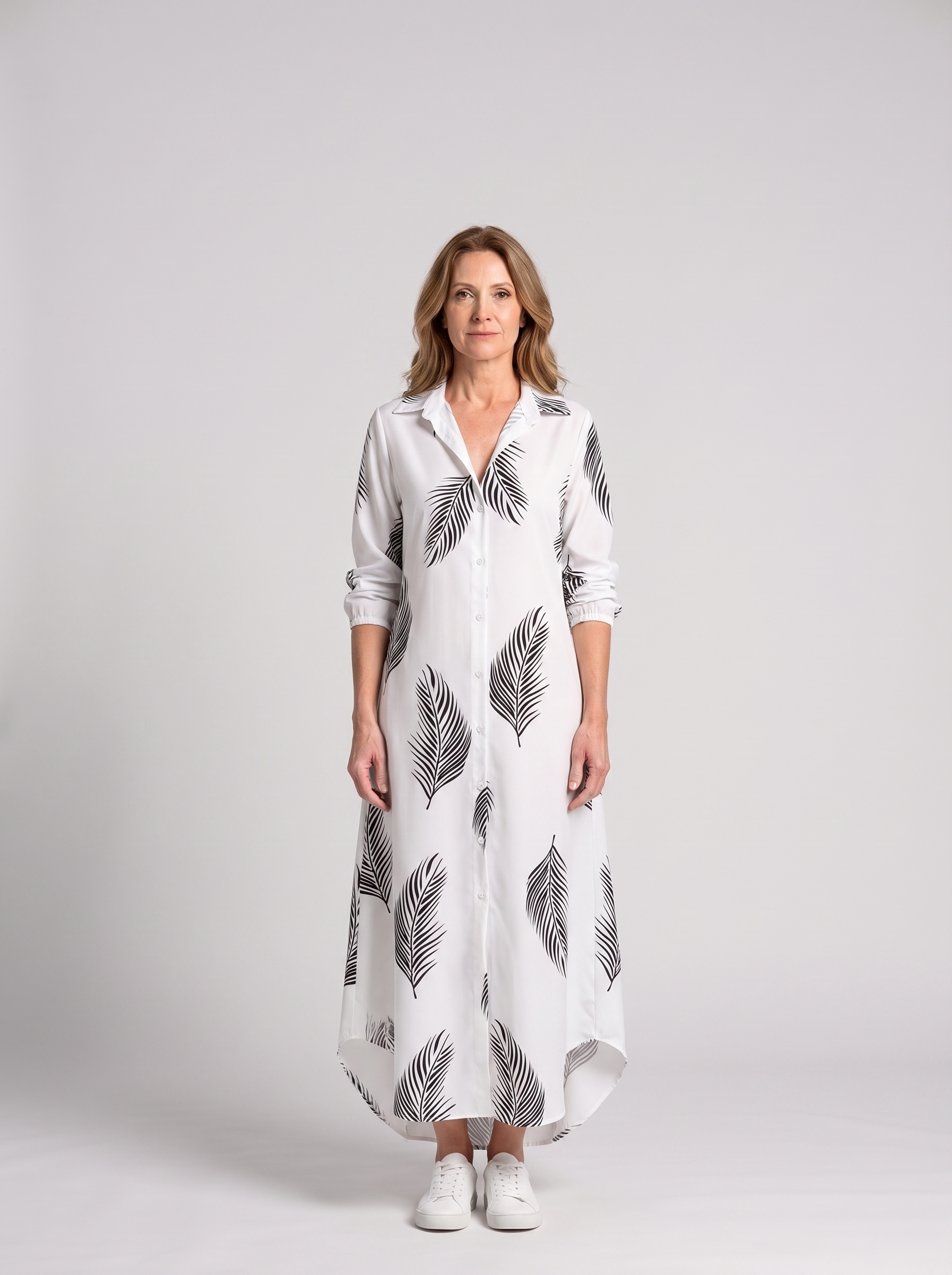 Elodie button-down shirt dress in Palm Leaf - front view