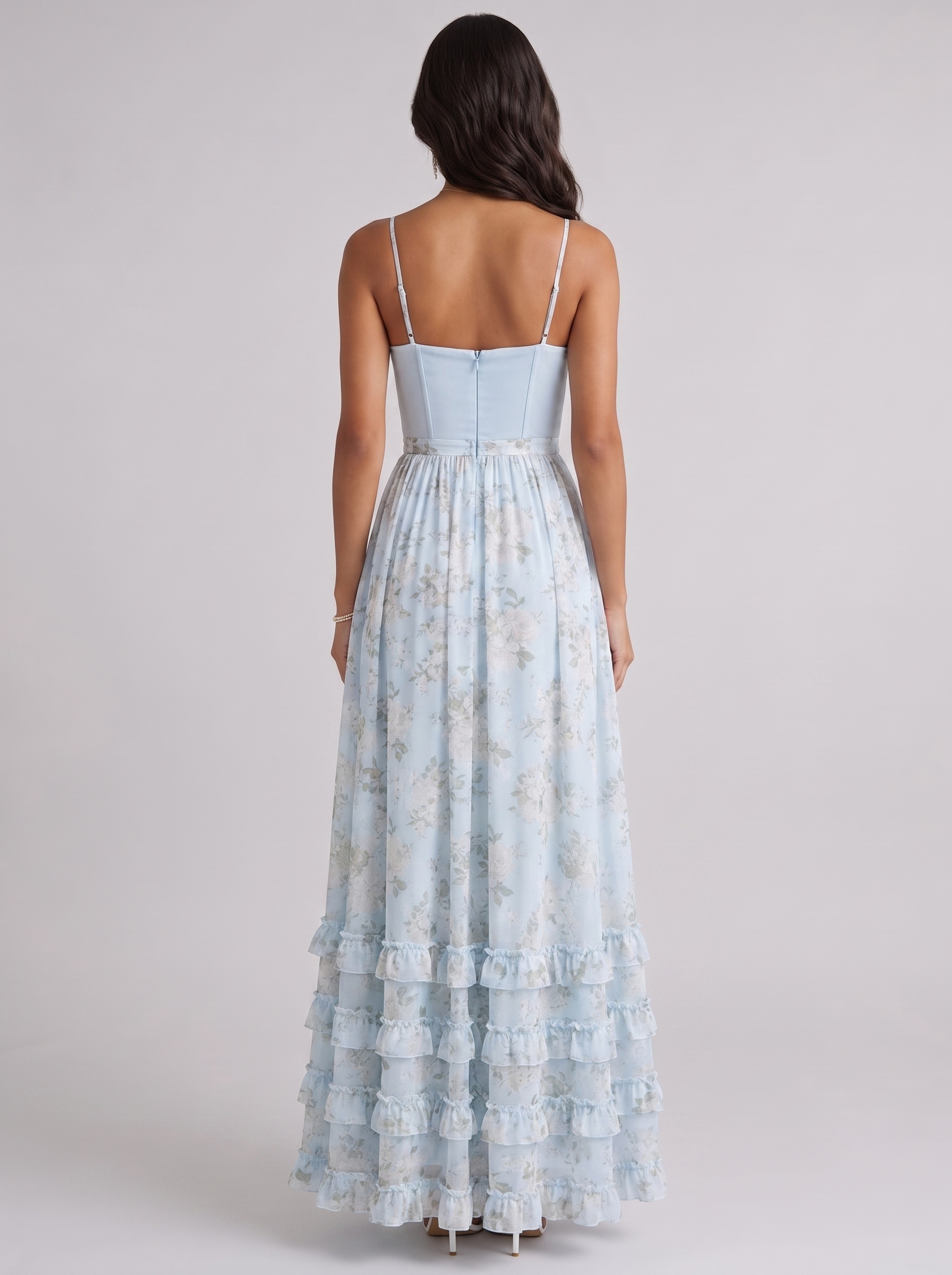 Violetta floral corset maxi dress in Sky Blue - back view