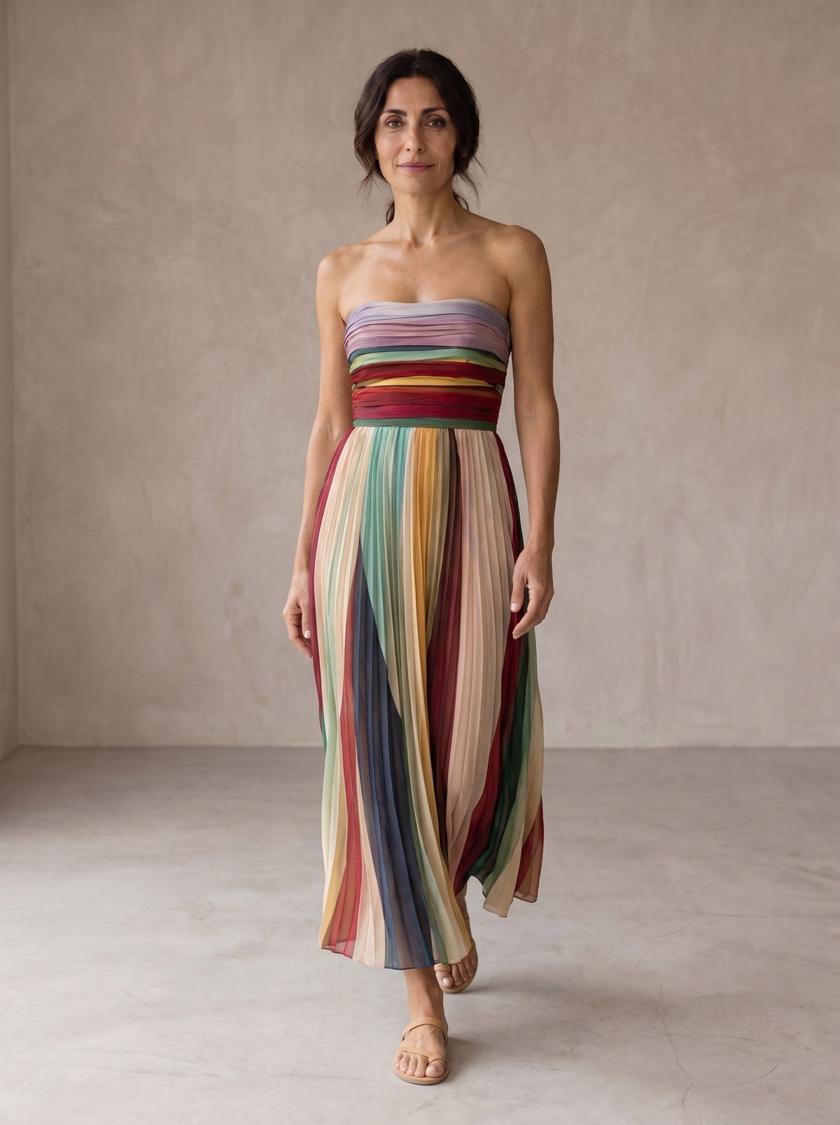 Ravenna Maxi Dress — hero, striped pleated strapless maxi dress