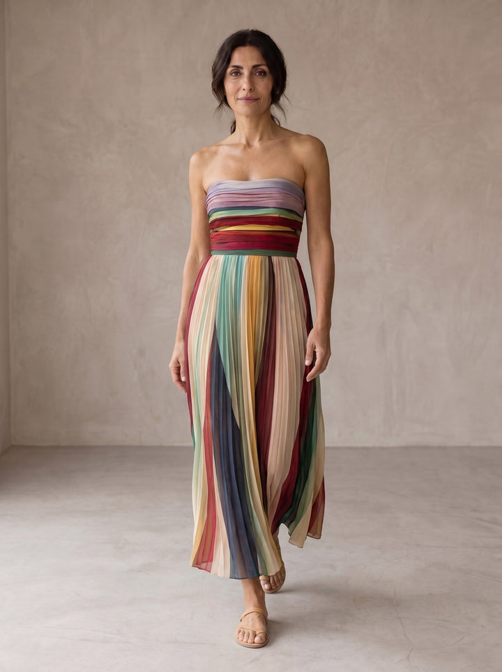 Ravenna Maxi Dress — hero, striped pleated strapless maxi dress