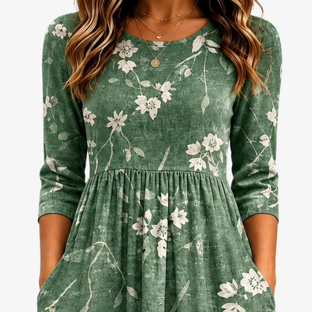 Briar Floral Pocket Midi Dress — neckline, three-quarter sleeves and gathered waist