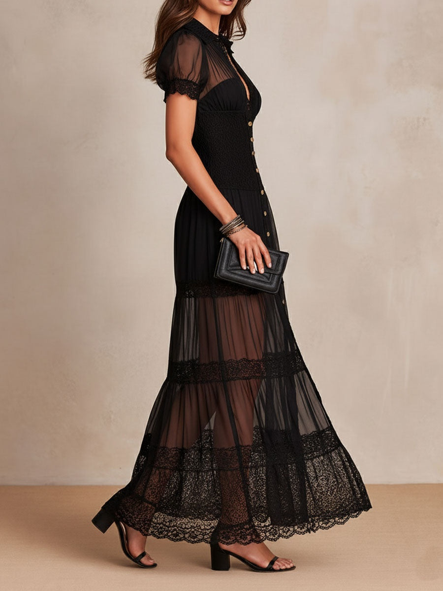 Isadora Lace Maxi Dress — three-quarter side view, full length