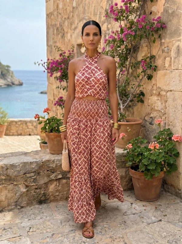 Solana Halter Top and Maxi Skirt Set — three-quarter view, skirt in movement