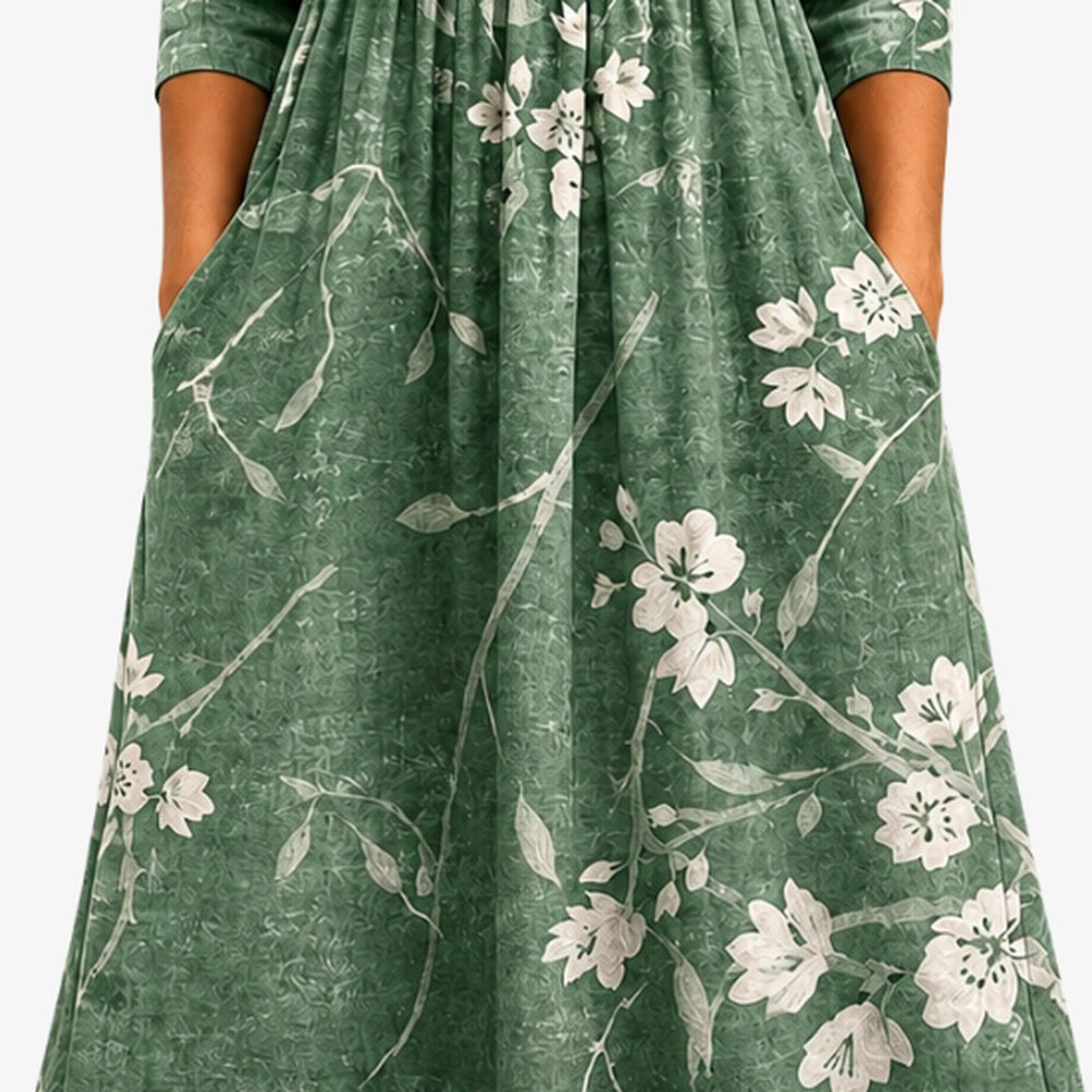 Briar Floral Pocket Midi Dress — side seam pockets in use