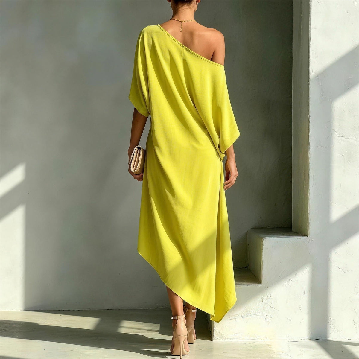 Vesper Asymmetric One-Shoulder Midi Dress - yellow back view with asymmetric hem