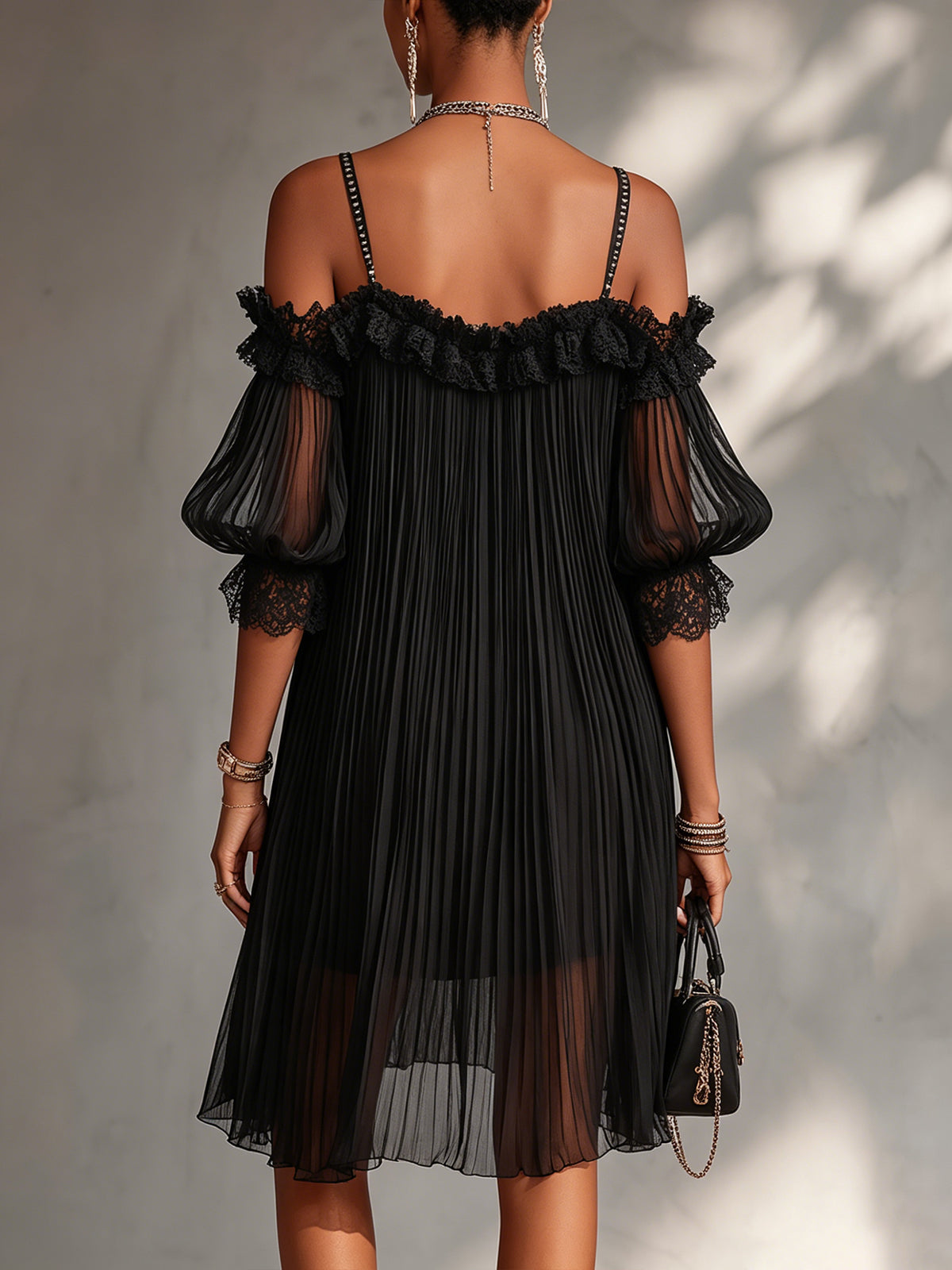 Anouk Off-Shoulder Pleated Chiffon Dress - back view