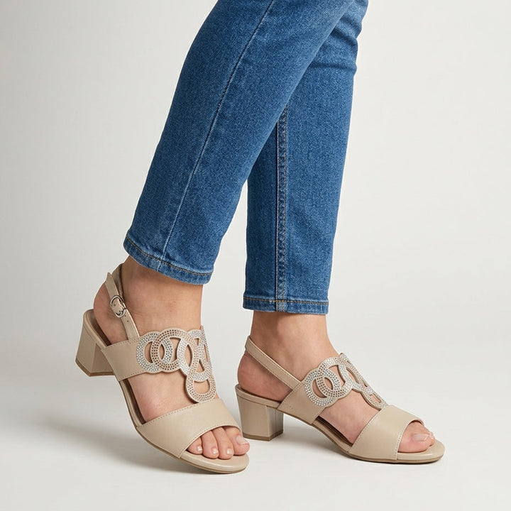 Serafina Embellished Block Heel Sandal — beige, three-quarter view