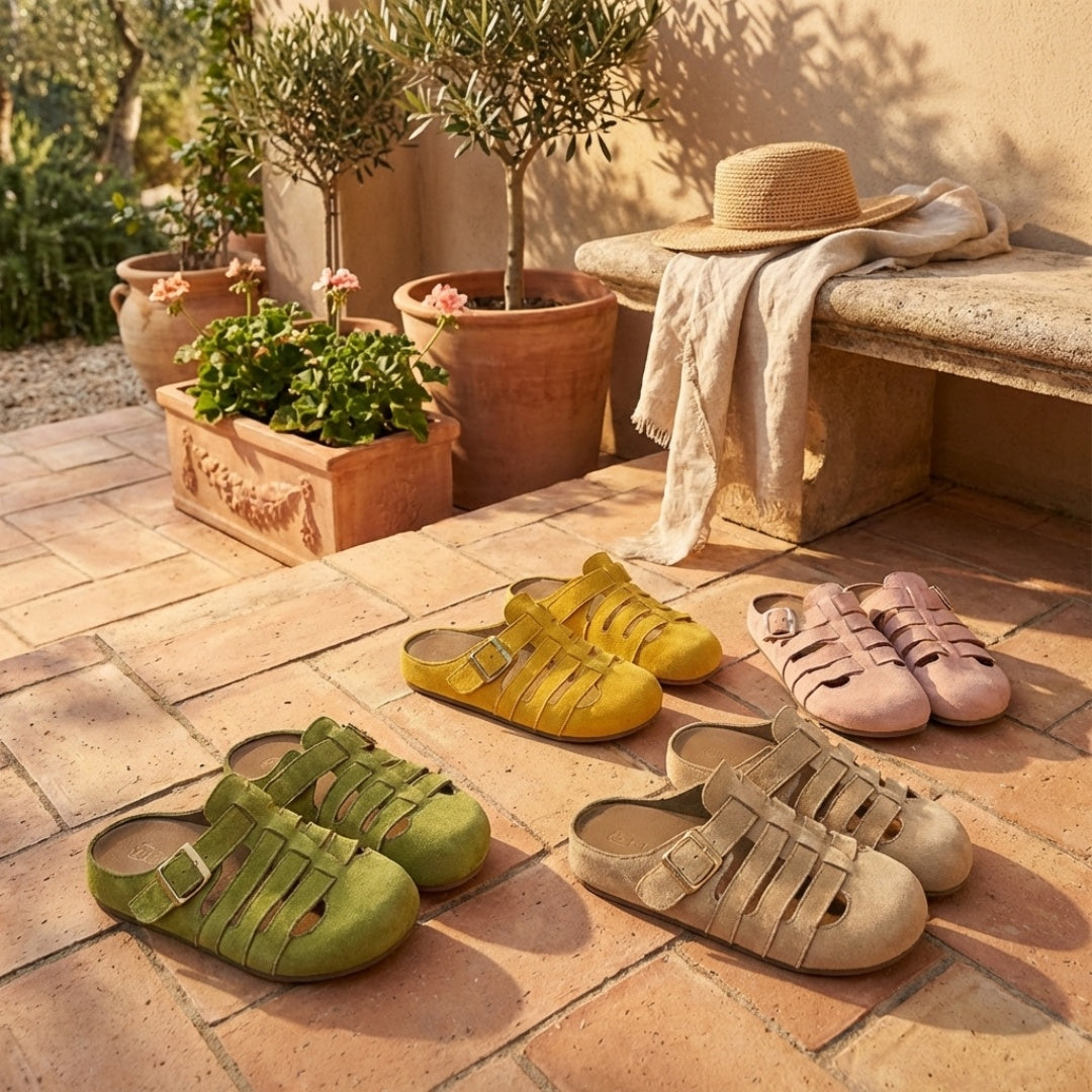Renata Fisherman Mule — all four colors on a terracotta terrace