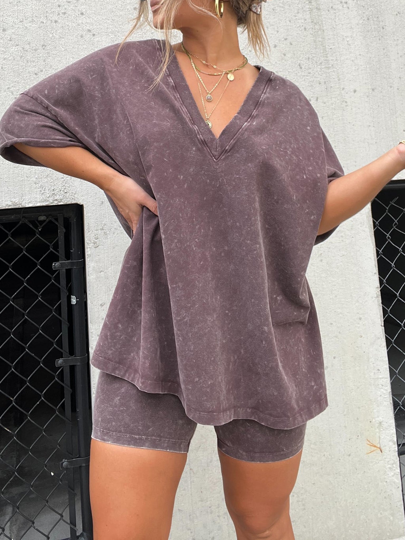 Ariana - Acid Wash Oversized Tee and Biker Shorts Set