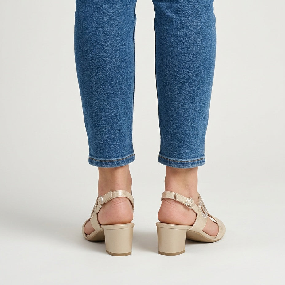 Serafina Embellished Block Heel Sandal — back view showing the slingback and block heel