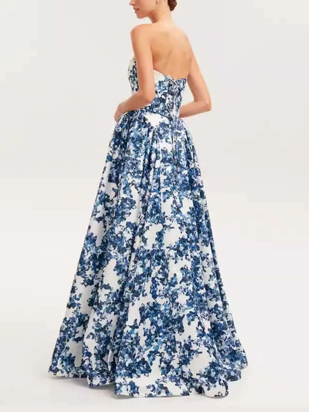 Ariana - Strapless Blue Maxi Dress – blue floral print – side view