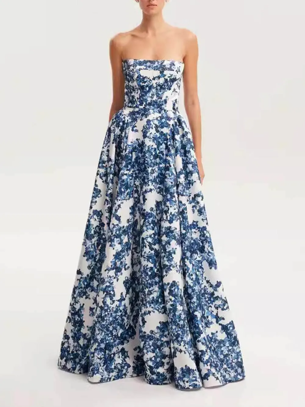 Ariana - Strapless Blue Maxi Dress – blue floral print – front view on model (6)