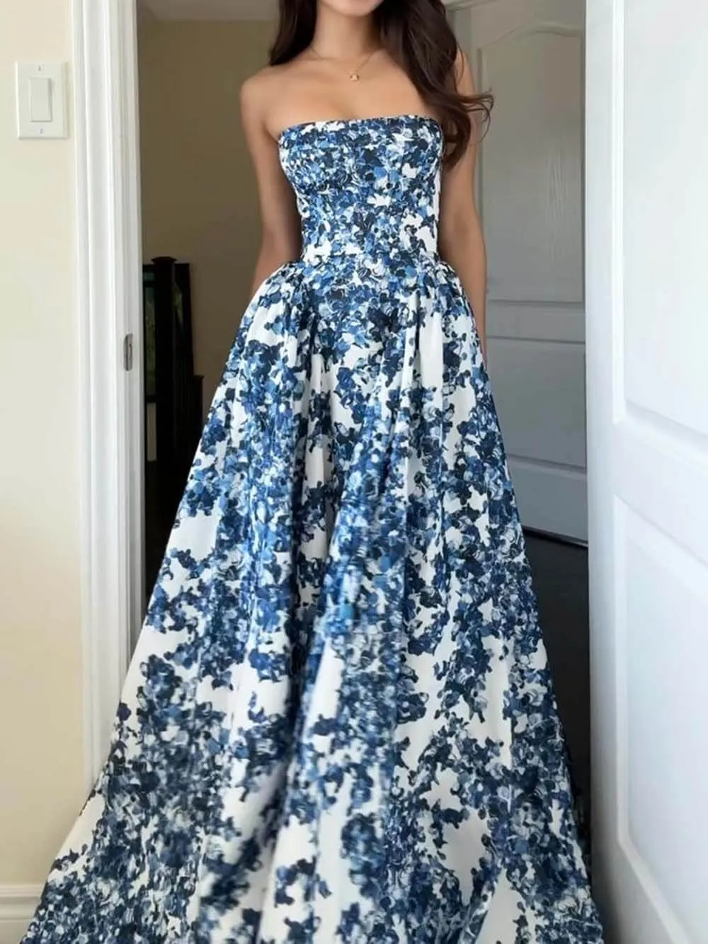 Ariana - Strapless Blue Maxi Dress – blue floral print – lifestyle
