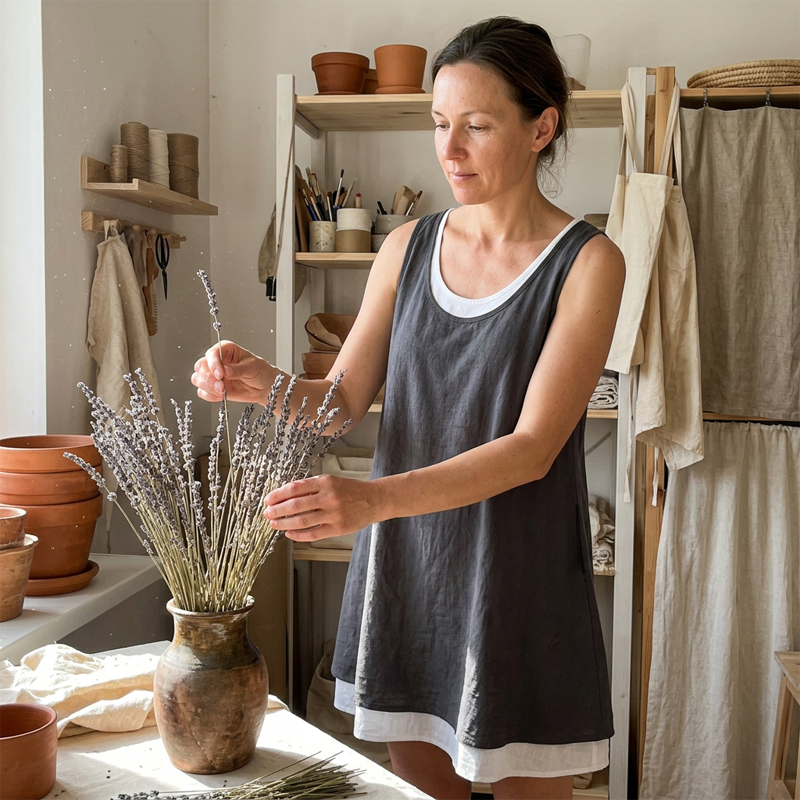 Marnie Layered Sundress - charcoal, in a pottery studio