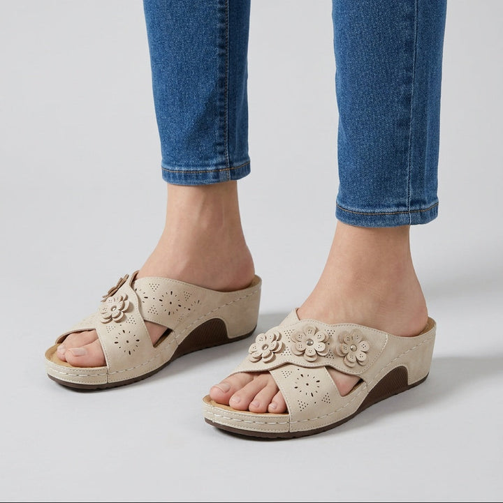 Carlotta Comfort Slide Sandal — beige, three-quarter view