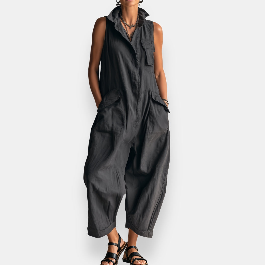Rowan Sleeveless Utility Jumpsuit — Black front (hero)
