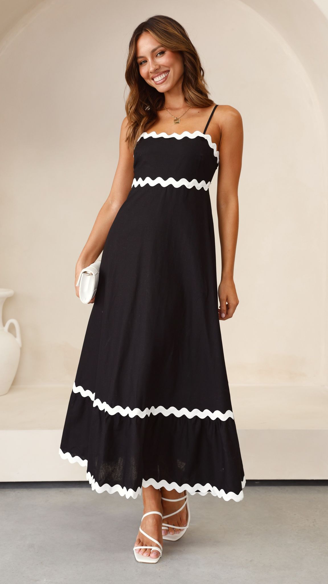Brodey Midi Dress - Black / White – black with white trim – front view on model (4)
