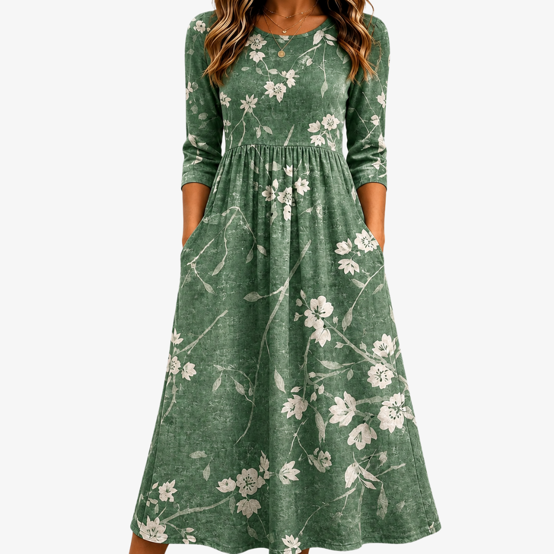 Briar Floral Pocket Midi Dress — forest green floral front (hero)