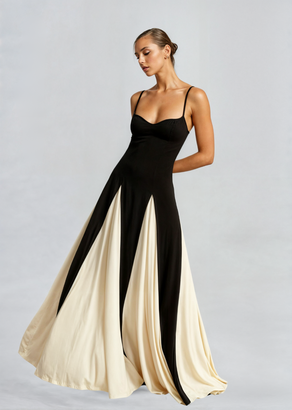 Serena - Slip Maxi Dress – black and cream – front view on model (9)