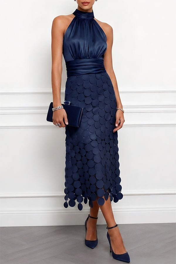 Bellagio Halter Midi Dress — navy blue, front view