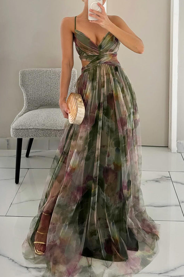 Pippa - Maxi Dress – green watercolor print – front view on model (4)