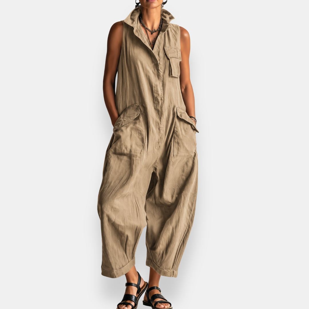 Rowan Sleeveless Utility Jumpsuit — Khaki front