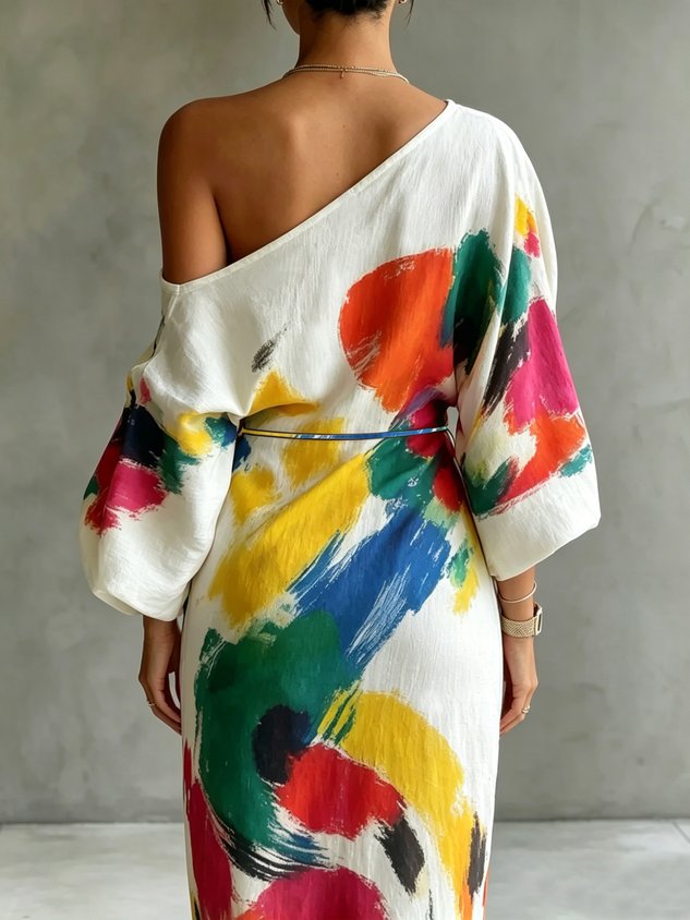 Positano Maxi Dress — back view, asymmetric shoulder