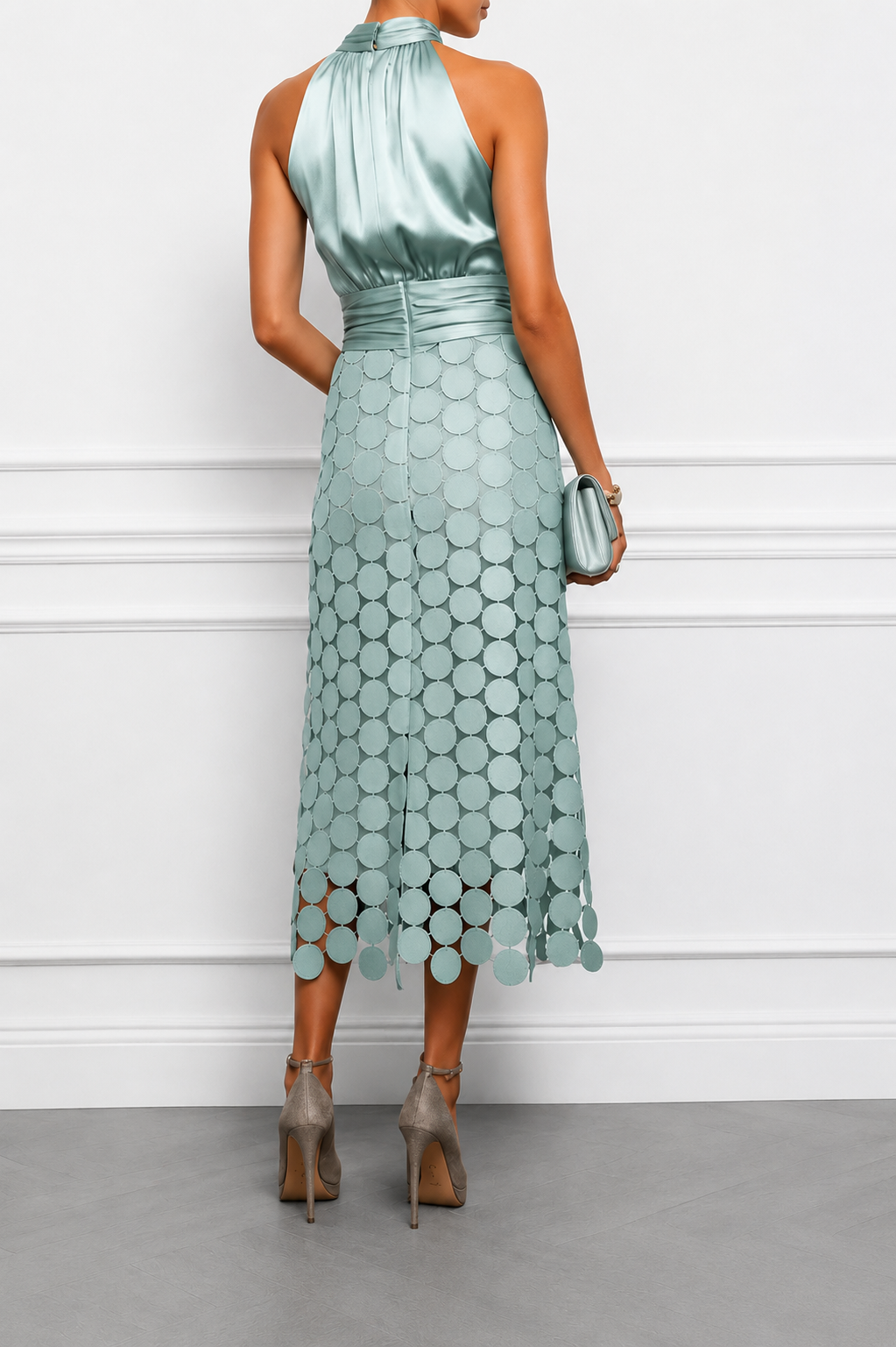 Bellagio Halter Midi Dress — back view, open back